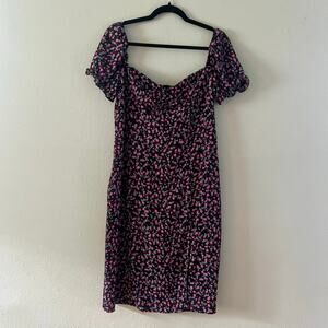 Floral Puff Sleeve Dress XL Black Pink Sweetheart Neck‎ Feminine Romantic Y2K